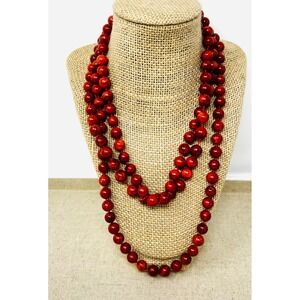 Red Sponge Coral Beaded Extra Long Knotted Strand Sterling Silver Clasp Necklace